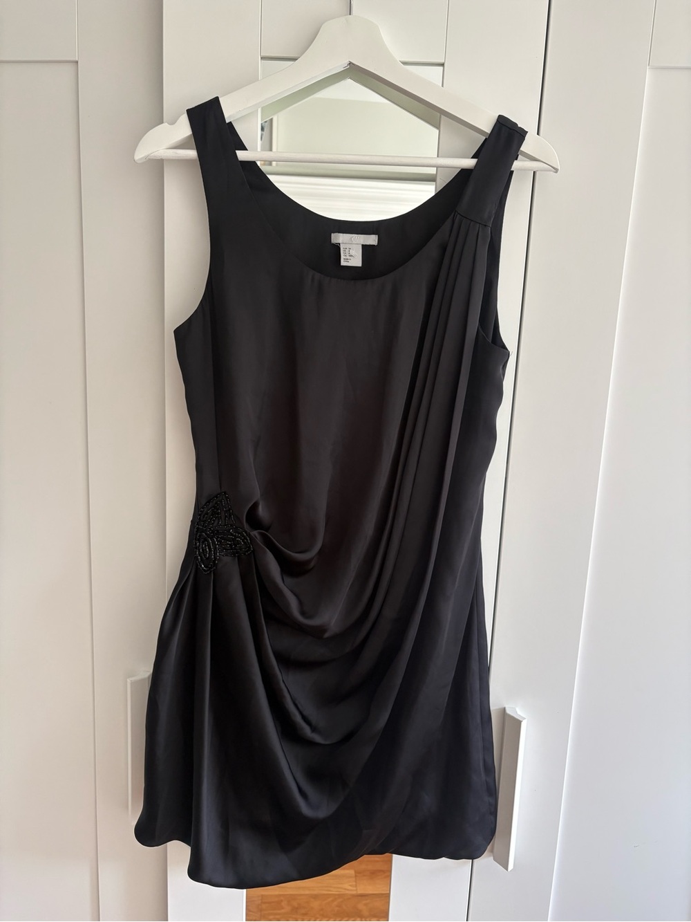 H&M Black Sleeveless Draped Mini Dress with Beaded Detail